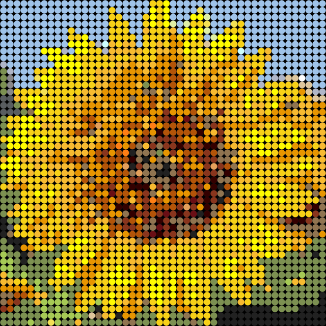 Girasol en mosaico de dots de colores estilo pixel art